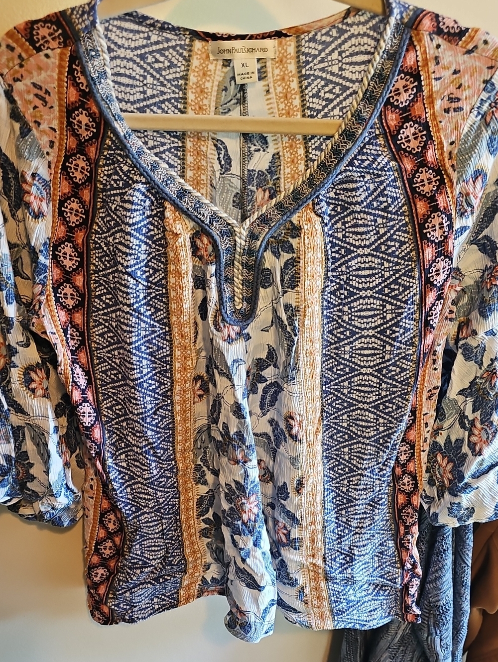 JohnPaulRichard Blue & Peach Boho V-Neck Tunic